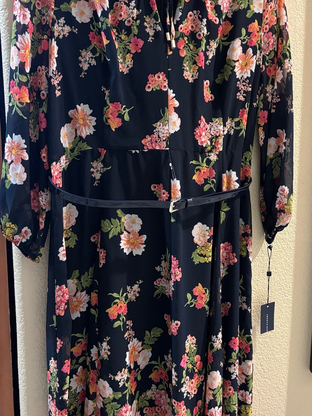 Tommy Hilfiger Blue Floral Dress with Bright Pink & Orange Blooms